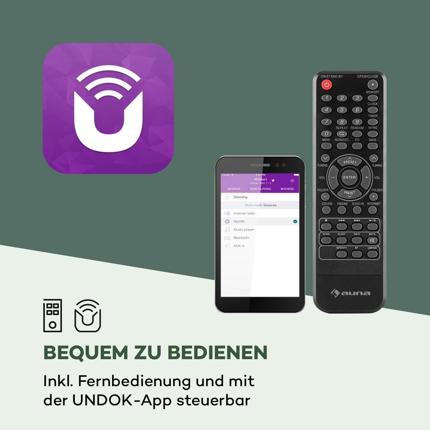 auna Worldwide CD Internet Radio remote control and UNDOK app on smartphone