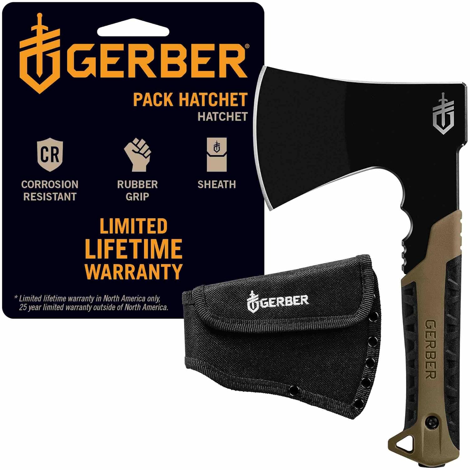 Gerber Gear Pack Hatchet – 3.5″ Steel Blade Axe with Full Tang – Survival, Bushcraft and Camping Gear – with Mountable Nylon Sheath – Brown