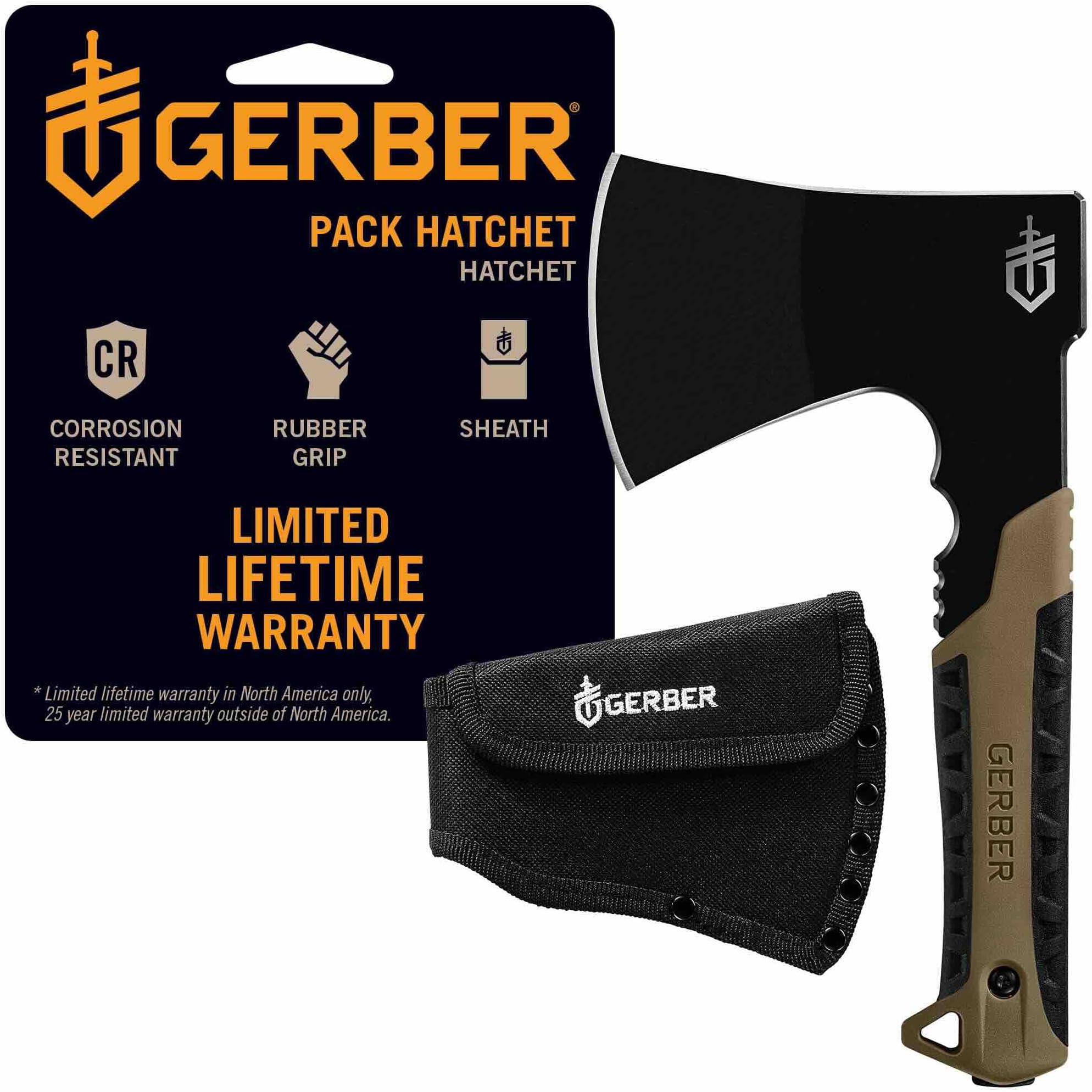 Gerber Gear Pack Hatchet - 3.5" Steel Blade Axe with Full Tang - Survival, Bushcraft and Camping Gear - with Mountable Nylon Sheath - Brown
