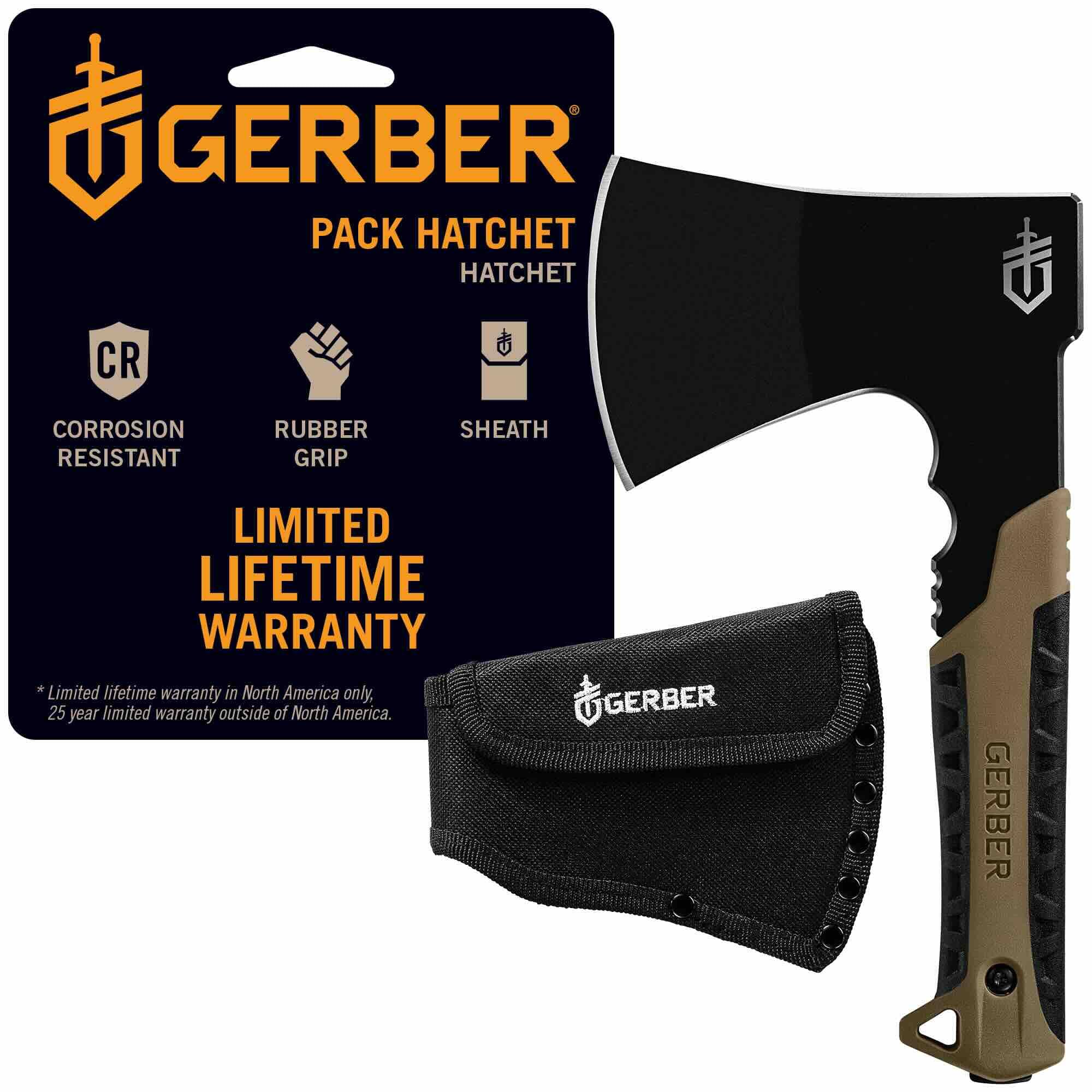Gerber Gear Pack Hatchet - 3.5" Steel Blade Axe with Full Tang - Survival, Bushcraft and Camping Gear - with Mountable Nylon Sheath - Brown
