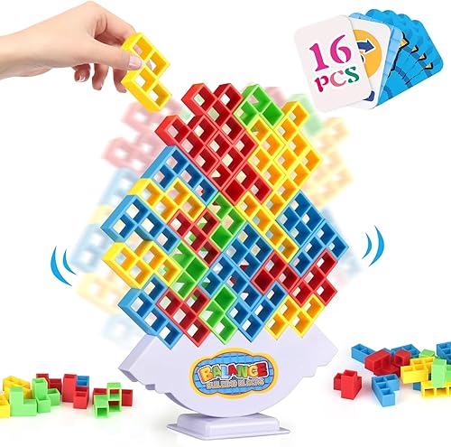 Juego de 16 piezas de torre Tetra, juego de rompecabezas de bloques de ataque apilable, juego de torre de equipo de mesa para niños y adultos, juego