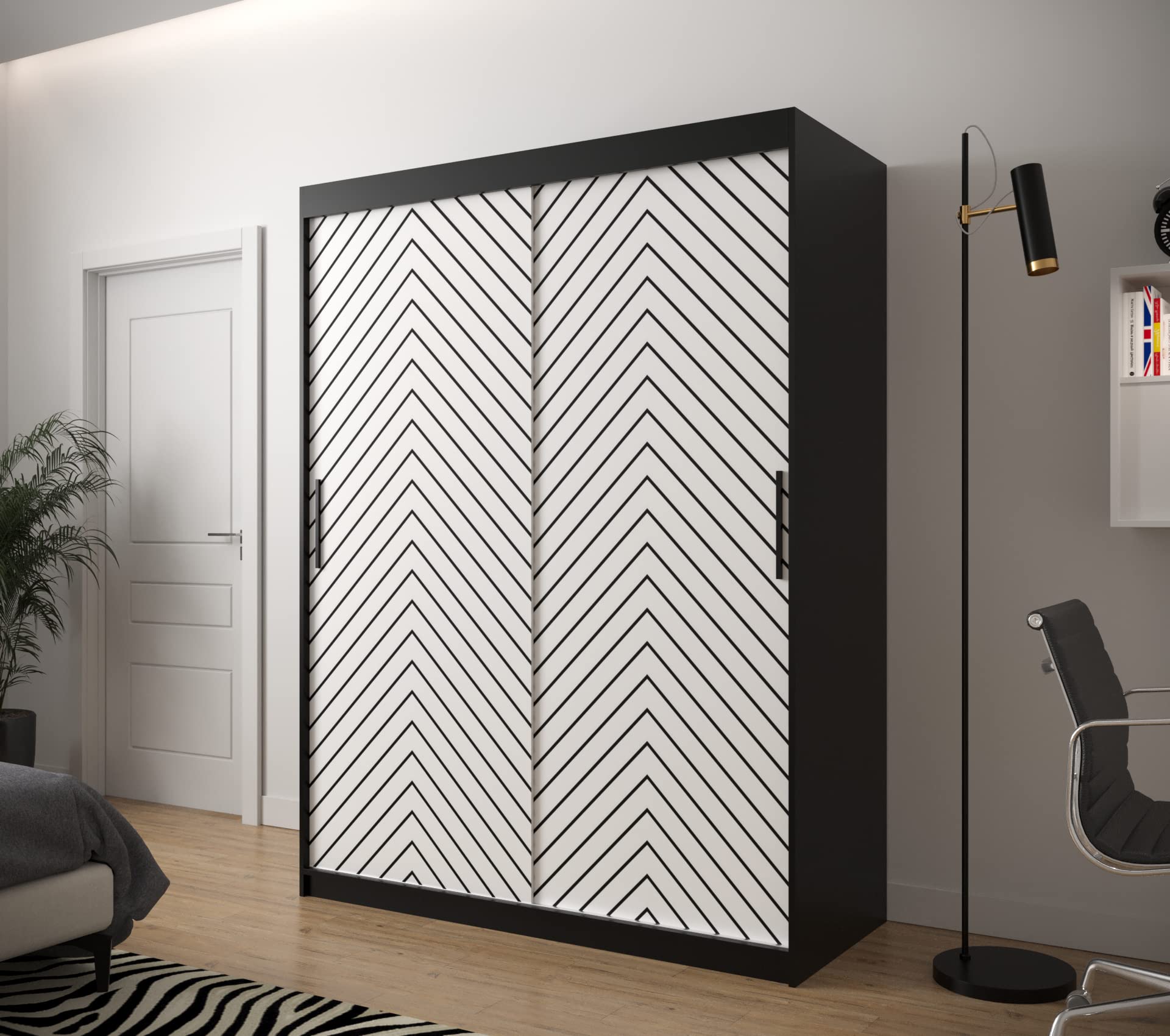 Armadio Con Ante Scorrevoli ABIKSMEBLE Jodełka 250 – Design Moderno In Nero Opaco E Rovere, Larghezza 250 Cm, Altezza 200 Cm