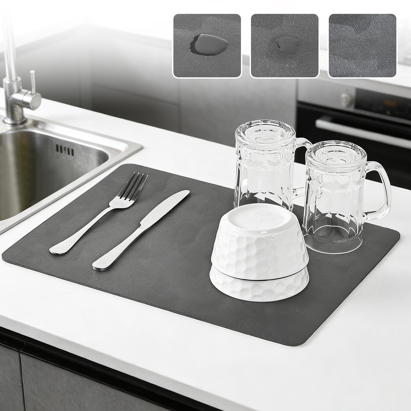KitchenRaku Draining Board Mats, Super Absorbent Dish Drying Mat for Kitchen Counter, Quick Dry Coffee Mat with Non Slip Rubber Backed for Sink Dish Rack Worktop Drainer Mat (Grey, 40X30CM)