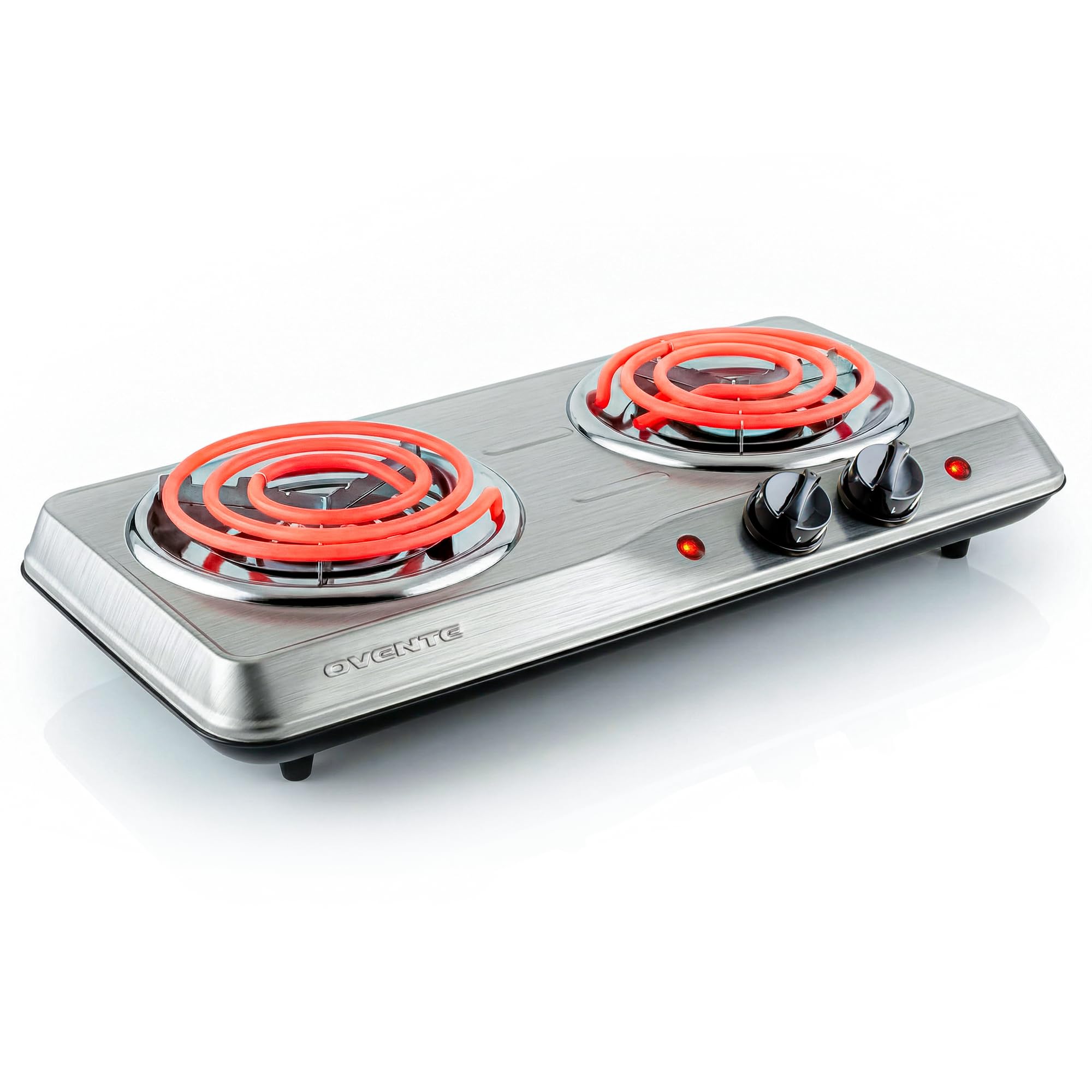 Electric Countertop Double Burner, 1700W Cooktop with 6" and 5.75" Stainless Steel Coil Hot Plates, 5 Level Temperature Control, Indicator Lights and Easy to Clean Cooking Stove, Silver BGC102S