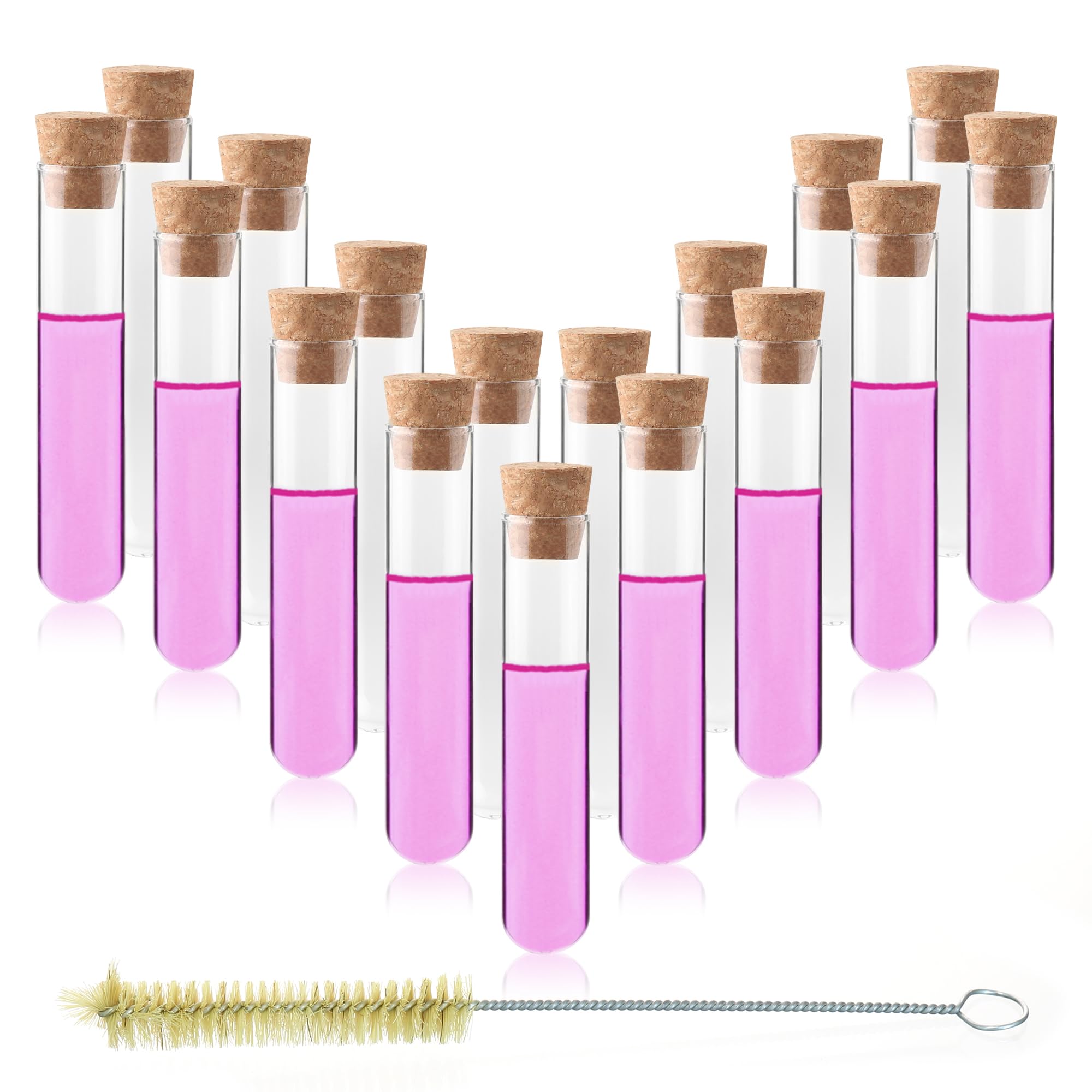 Labvida 50-Pack 16ml(0.54oz) Glass Test Tubes - 20x100mm, Round Bottom, with Cork Stoppers & Brush. Ideal for Lab Experiments, Plant Propagation,