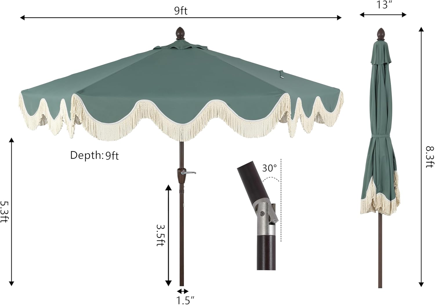 JONATHAN Y UMB1001 Collins 9 ft. Classic Cottage Tassel Market Patio Umbrella with Auto-Tilt, Crank, Wind Vent and UV Protection