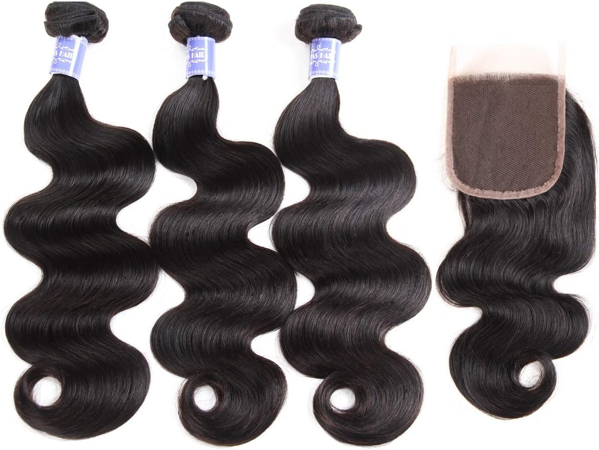 Sayas Hair 10A Grade Brazilian Body Wave Human Hair Bundles Weave Hair Human Bundles Brazilian Virgin Hair For African Americans Women 100g Per Bundle With 4x4 Free Part Closure(22 24 26 28+22inch)