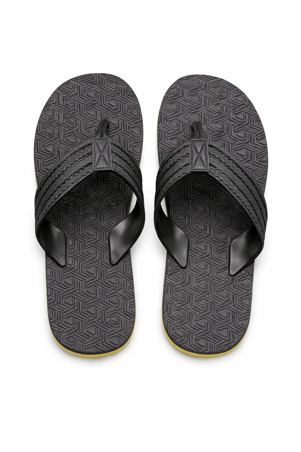 Men's Flip Flops, Black with Yellow Sole, Textured Footbed, Casual Beach Thong Sandals-image-17