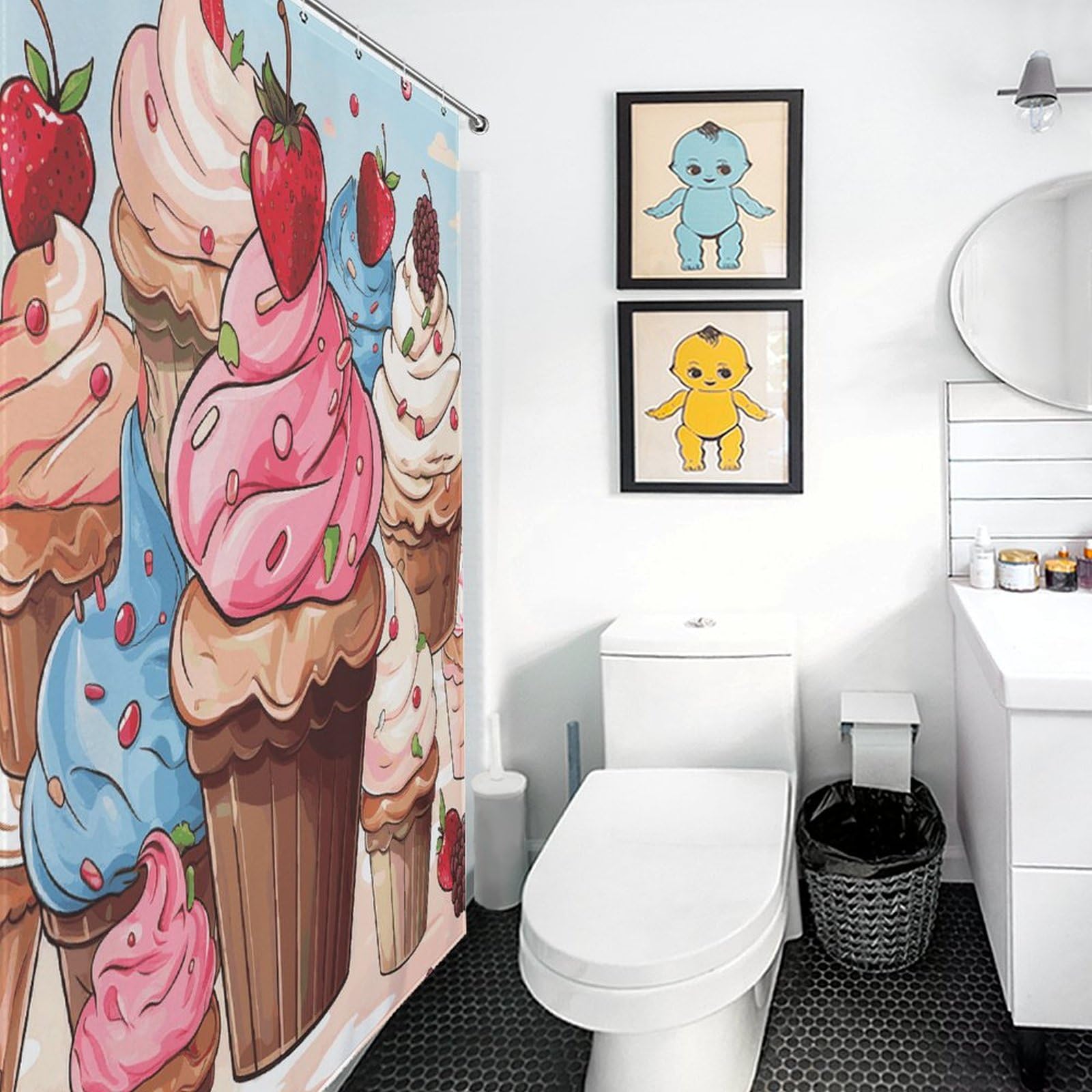Rideau de douche imperméable cupcakes et crème glacée 183x183 cm avec 12 crochets pour baignoire