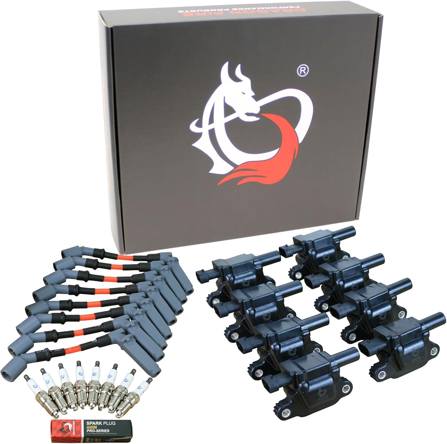 DRAGON FIRE PERFORMANCE Power Pack With Ignition Coils Iridium Spark Plugs & 10.5" Fiberglass Sleeved Wires Compatible With 2014-2021 Cadillac Chevy GMC 5.3L 6.2L 6.6L V8 Oem Fit Kit-1308