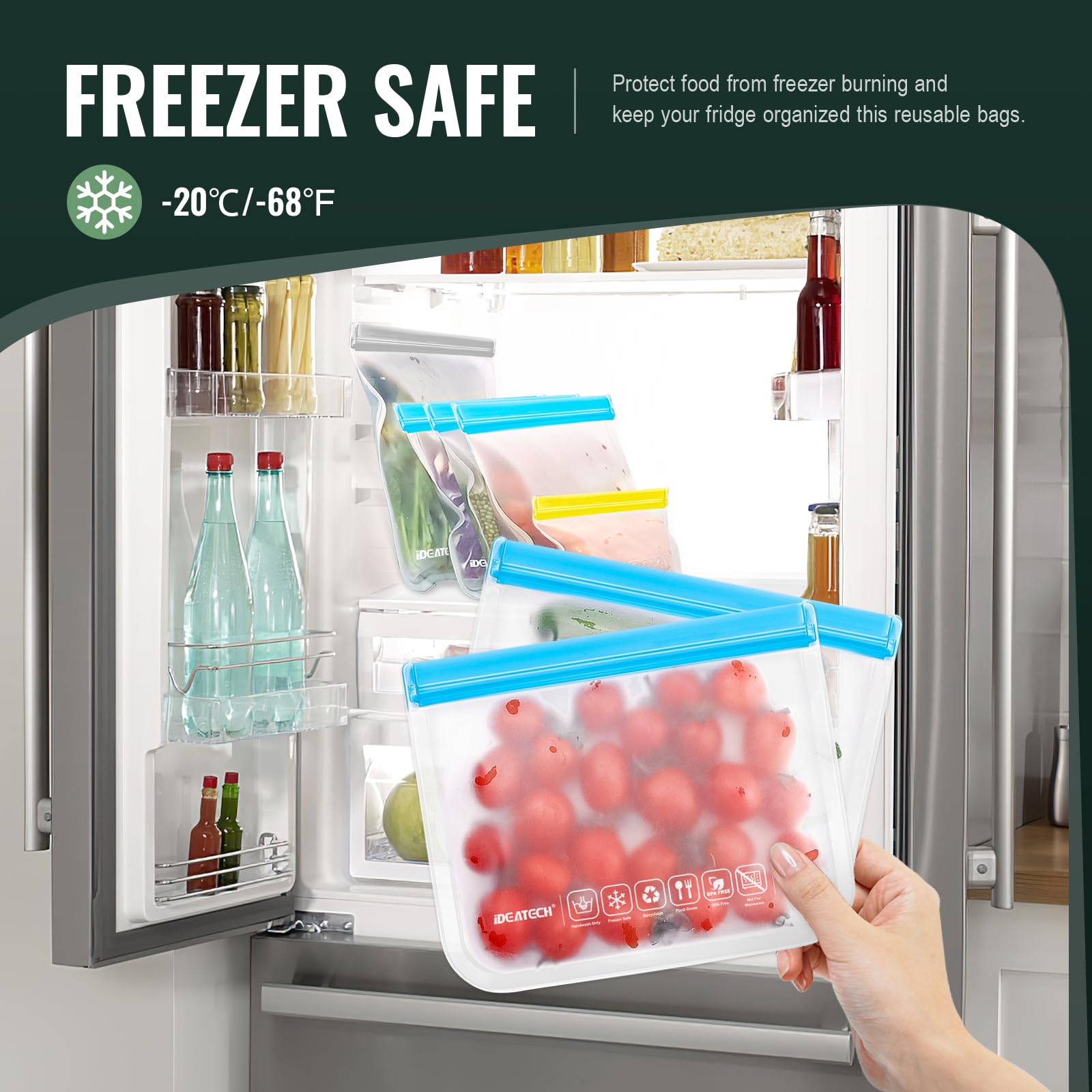 IDEATECH Sacchetti Silicone Freezer 20 Pack Riutilizzabili Buste Alimenti Richiudibili Congelatore Cibo Ermetici Zip BPA Free Gelo Verdura Carne Frutta