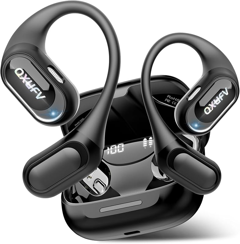 Open Ear Headphones, Bluetooth 5.4 Wireless Earbuds, Black | HiFi Stereo Open Ear Buds with HD Mic, 50H LED Power Display Air Conduction Earbuds, AI Translation Earbuds Real Time