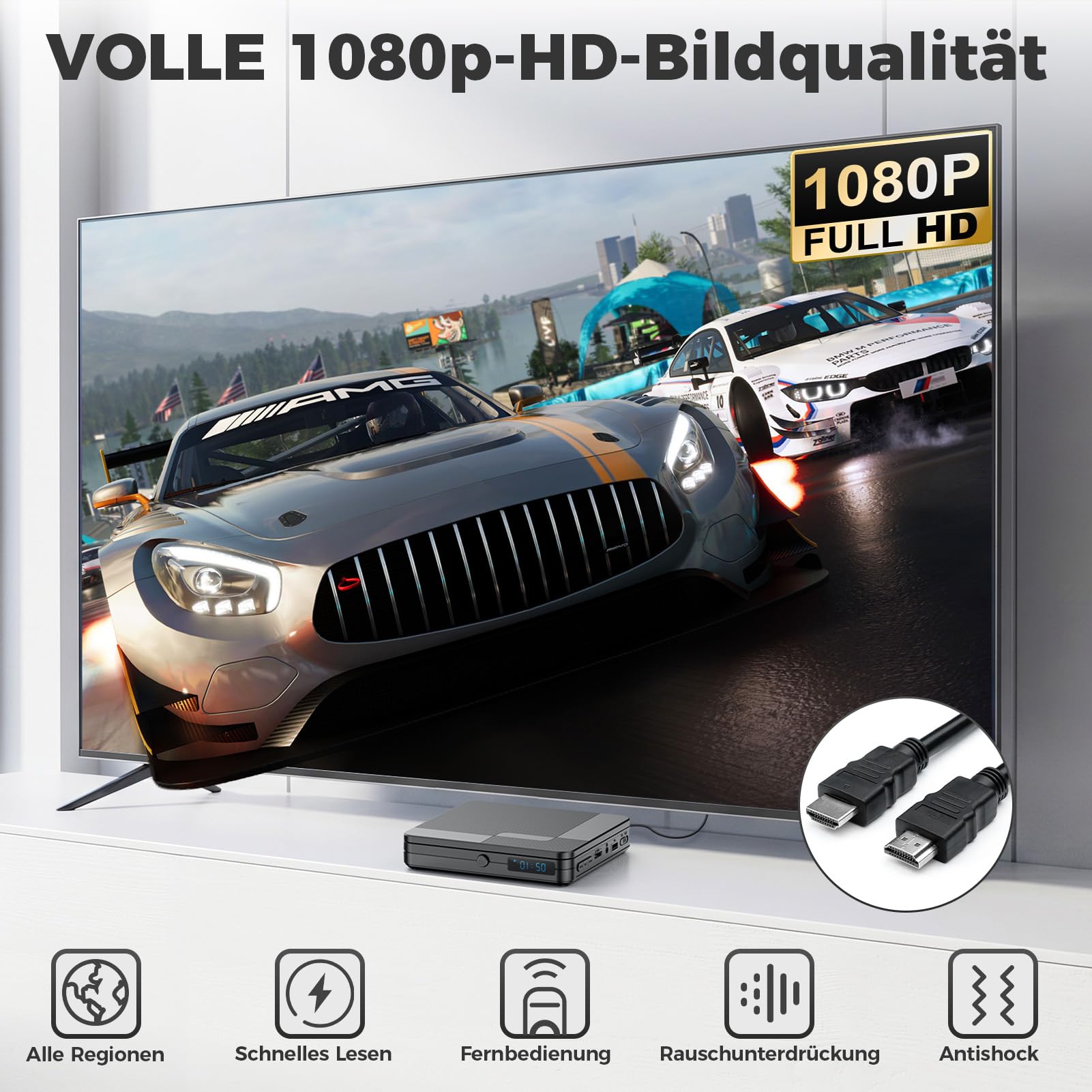 DVD Player für Fernseher, Mini DVD Player HDMI mit 1080P Upscaling, All Region Free, mit USB 2.0-Anschluss und Fernbedienung, Breakpoint Speicher, für Smart TV, integriertes PAL/NTSC