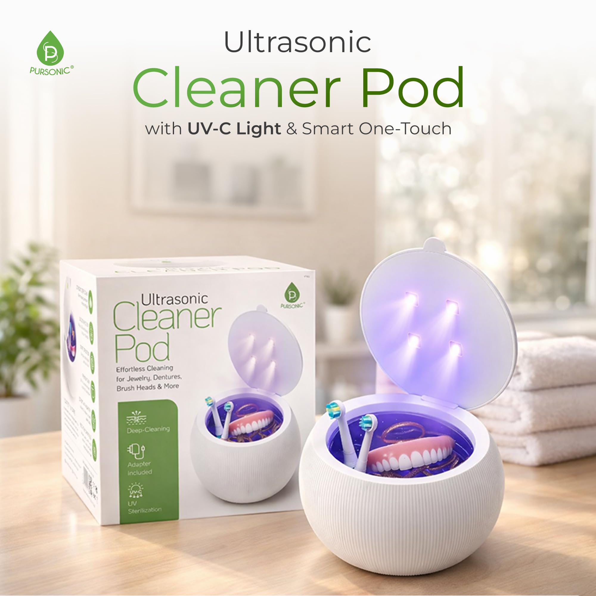Pursonic Ultrasonic Cleaner Pod - Pulitore compatto a ultrasuoni con luce UV-C e frequenza 42kHz, strumento di pulizia per protesi, testine di spazzolino, gioielli, chiavi e altro