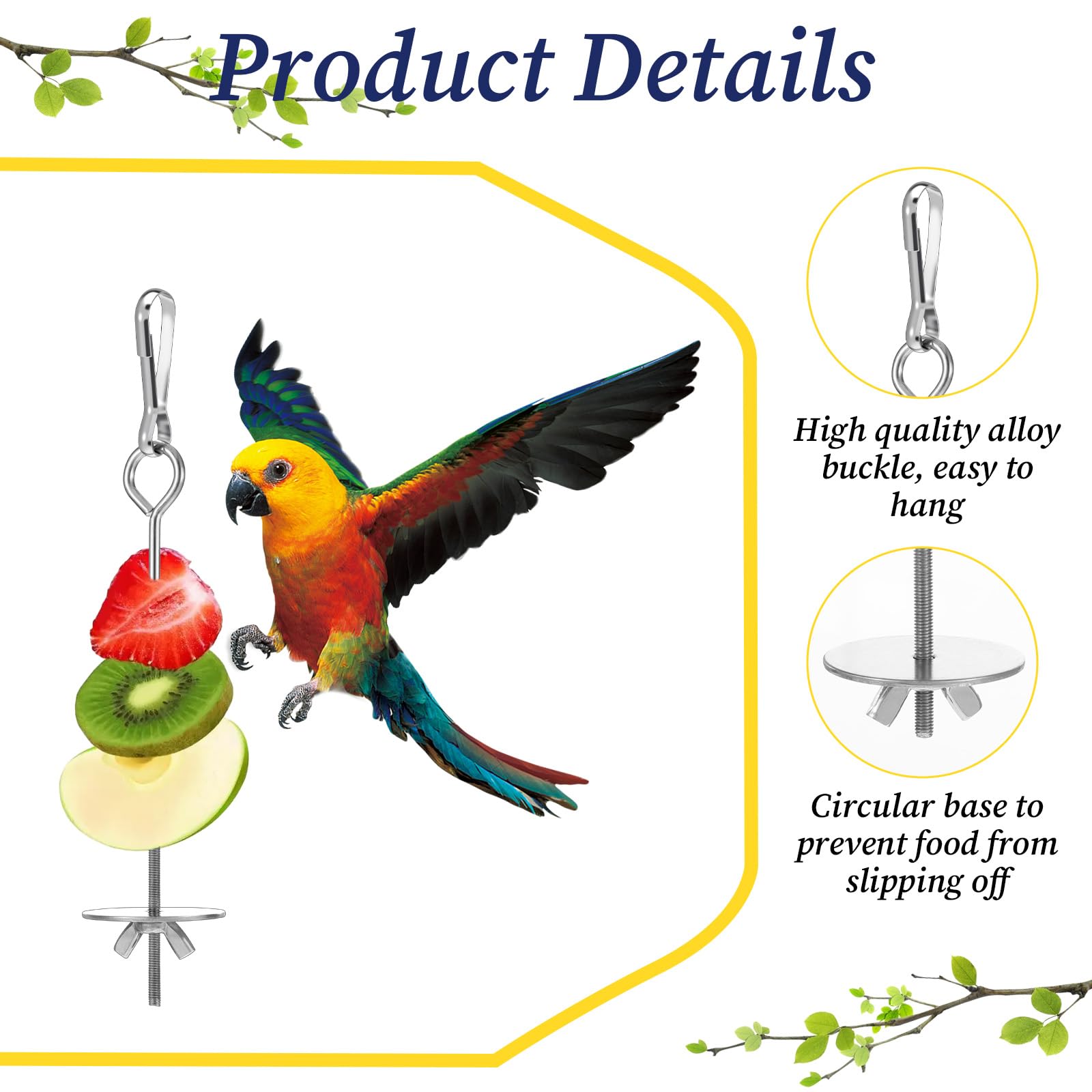 3 Pcs Stainless Steel Bird Cage Food Holder Parrot Fruit Vegetable Skewers Hanging Foraging Toy Bird Treats Skewer for Macaws, Budgerigars, Small Parrots (3 Sizes) - image 4