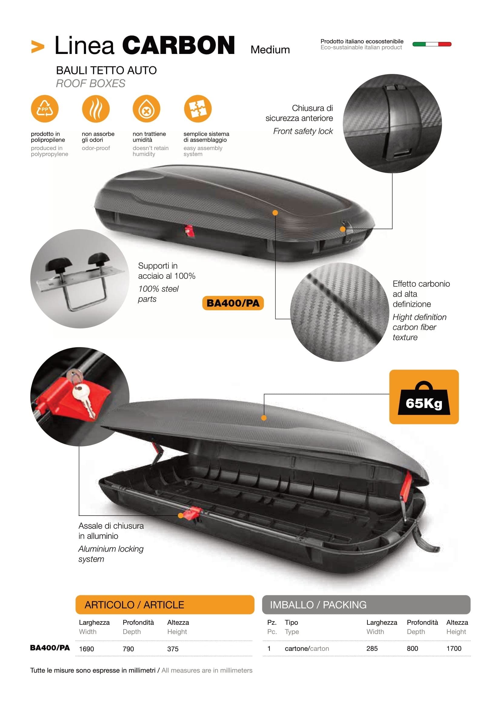AUTOFORNITURE ITALIA Dachbox Kofferraum Universal 400 Liter Carbon Look Doppelverschluss Maße 1690 x 790 x 375 mm