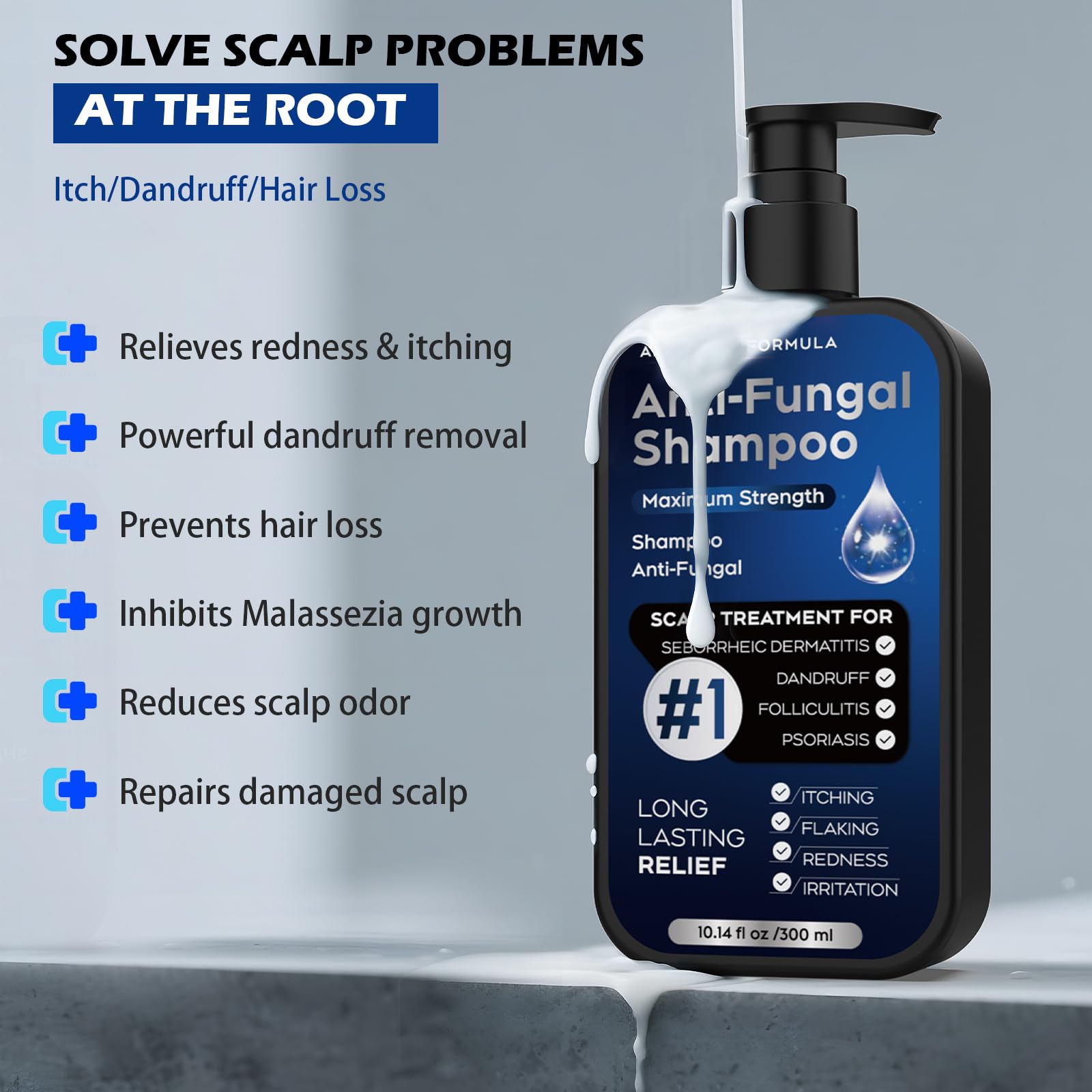 Champú antifúngico para dermatitis seborreica, foliculitis y psoriasis del cuero cabelludo, champú anticaspa para hombres y mujeres, alivia la picazón del cuero cabelludo, la sequedad, sin sulfatos ni 8