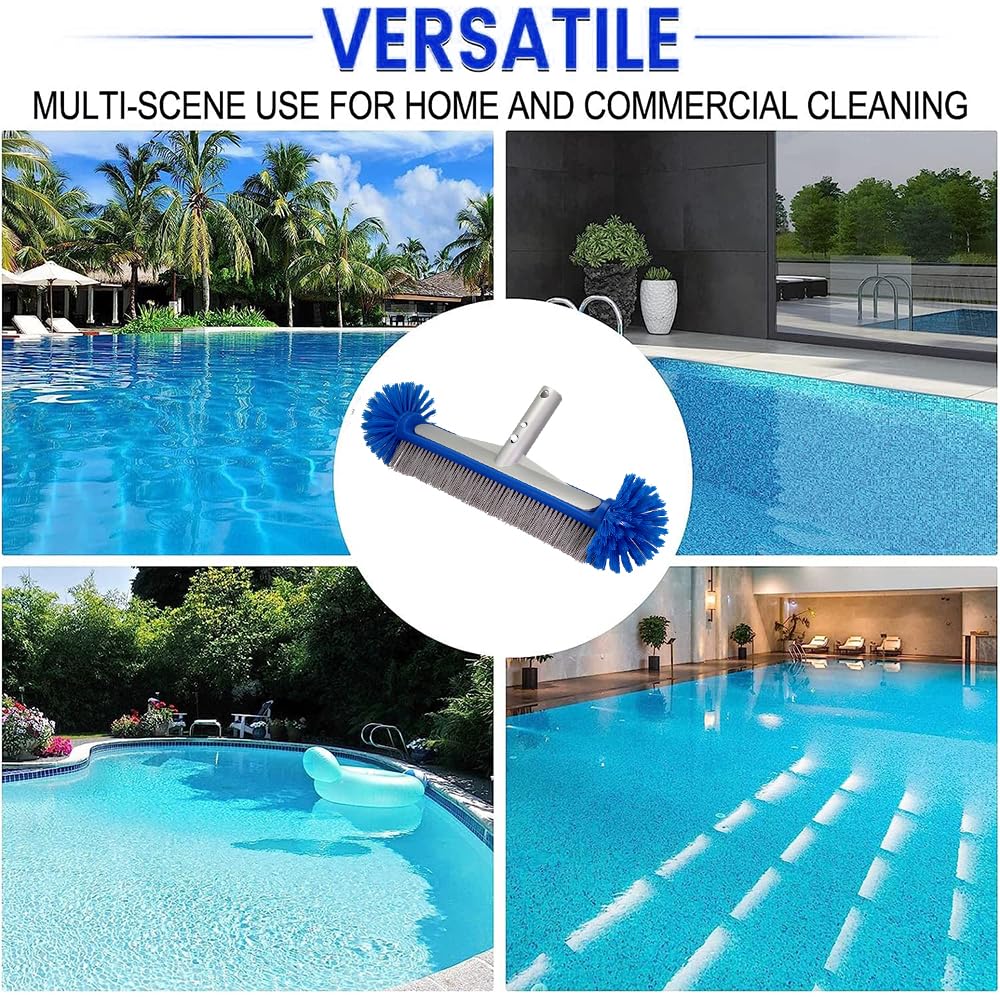 Poolbürste mit Runden Enden,43CM Pool Reinigungsbürste mit Längenverstellbarer Aluminiumstange und Erstärkter Metall Rückseite,Reinigungsbürste für Pool,Robuuste Borstel(Blau)