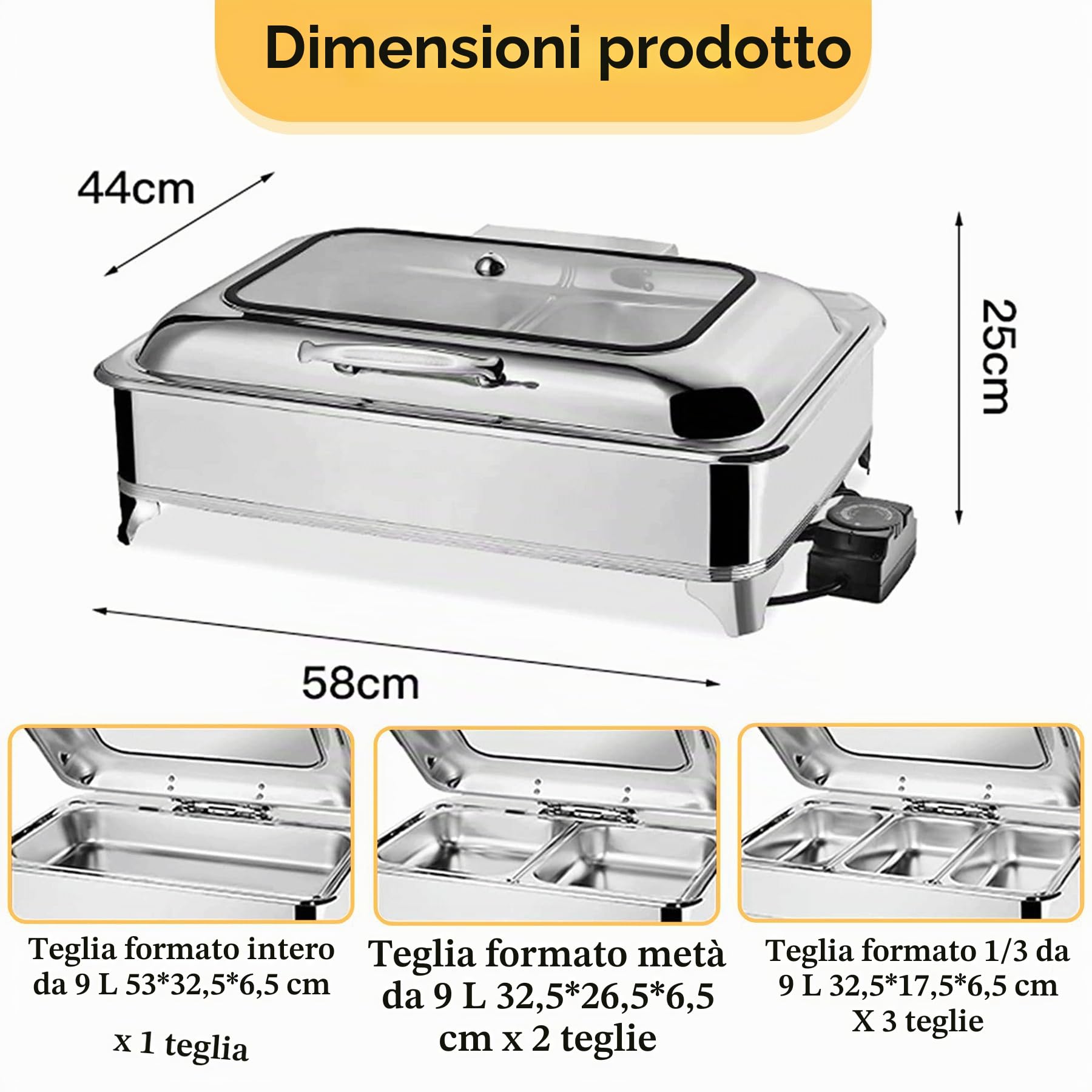 Chafing Dish Elettrico, 9L Scaldavivande Elettrico per Buffet(1/3) | Contenitore Scalda Cibo Professionale con Coperchio in Vetro per Feste e Banchetti, Temperatura Regolabile (0-85℃)