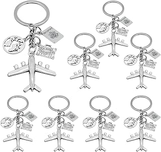 8Pcs Travel Themed Keychain Alloy Journey Aircraft Keyrings Airplane Passport Suitcase Earth Charm Keychains for Women Men Gift or Traveler