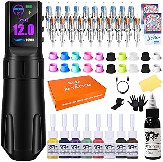 KVM large IPS Screen Tattoo Kit Wireless 1800mAh Suitable for Professionals Kits (Tattoo ink are for tattoo practice use o...