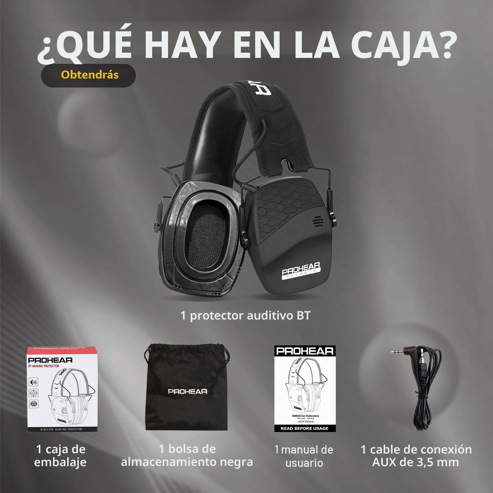 PROHEAR 030 Protección auditiva electrónica con Bluetooth 5.4, orejeras activas, reducción de ruido para caza, NRR22dB SNR 27dB, gel negro