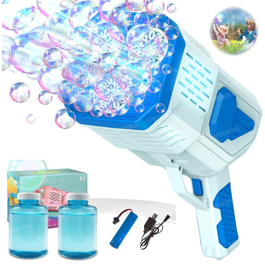 VikriDA Bubble Gun Bubble Gun for Kids, Bubble Blaster 5000+ Bubbles Per Min Automatic Bubble Machine with LED Lights Bubble Blower with Rechargeable Battery for Parties Outdoor - Blue