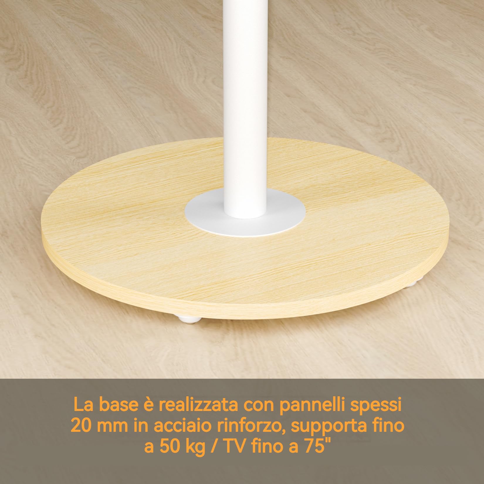 Supporto TV da Pavimento con Ruote Nascoste Legno Base per 40-75 Pollici Peso Max 50kg Max VESA 600x400mm, Regolabile in Altezza, Bianco