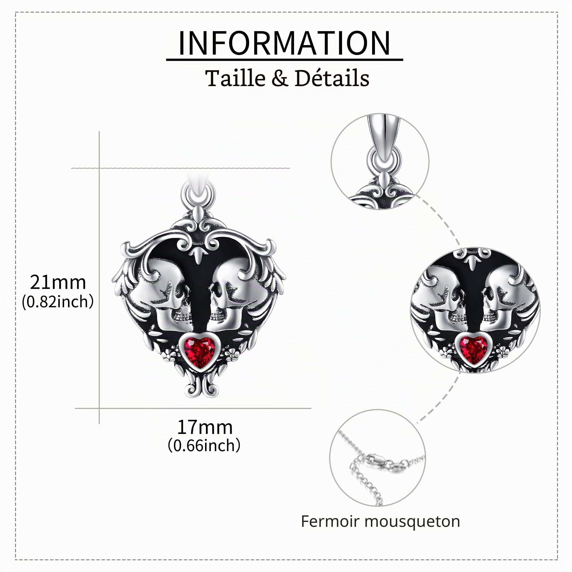YAFEINI Collier ras du cou en argent sterling 925 avec pendentif en forme de cœur, crâne, bijou gothique, cadeau d'Halloween pour femme