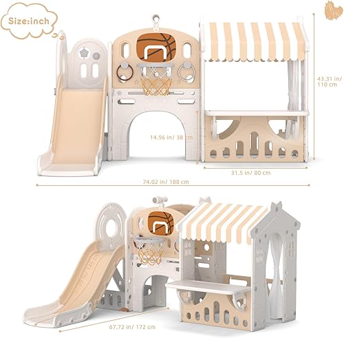 Miniatura 5 de YUFU Tobogán para niños pequeños con casa de juegos, tobogán infantil 10 en 1 con aro de baloncesto y pelota, juego para interiores y exteriores