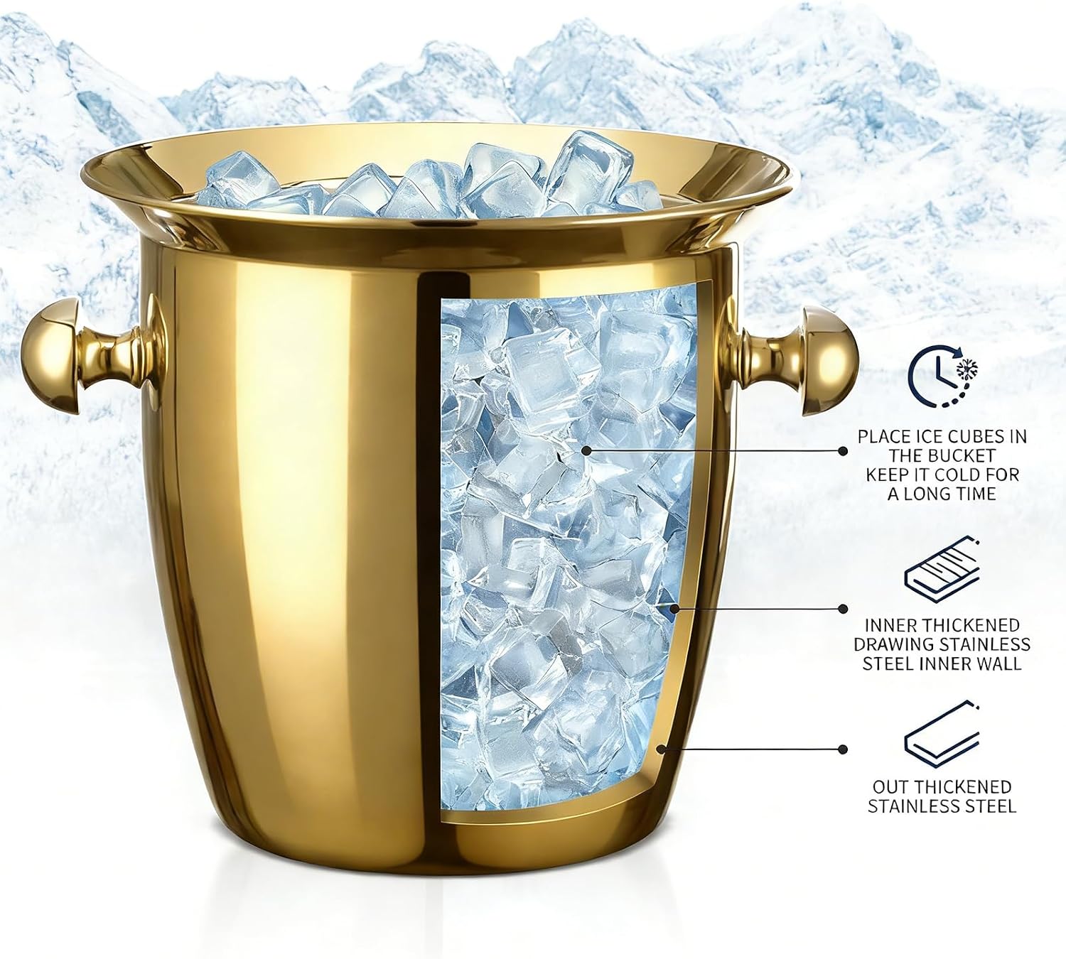 ice bucket, large ice bucket for parties, 5l portable stainless steel wine buckets with handle for champagne, beer, cocktails, indoor, outdoor, camping, picnic(gold)