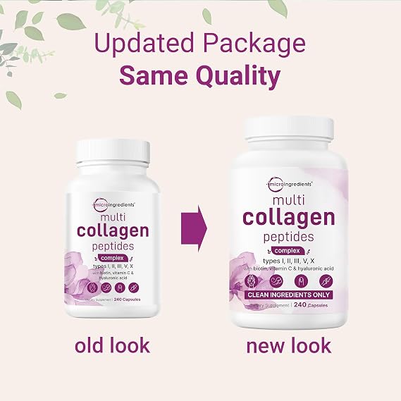 Micro Ingredients 2 Pack Multi Collagen Pills for Women & Men, 480 Capsules | Type I, II, III, V, X | Hydrolyzed Protein Peptides with Biotin, Hyaluronic Acid, Vitamin C | Keto & Paleo Friendly