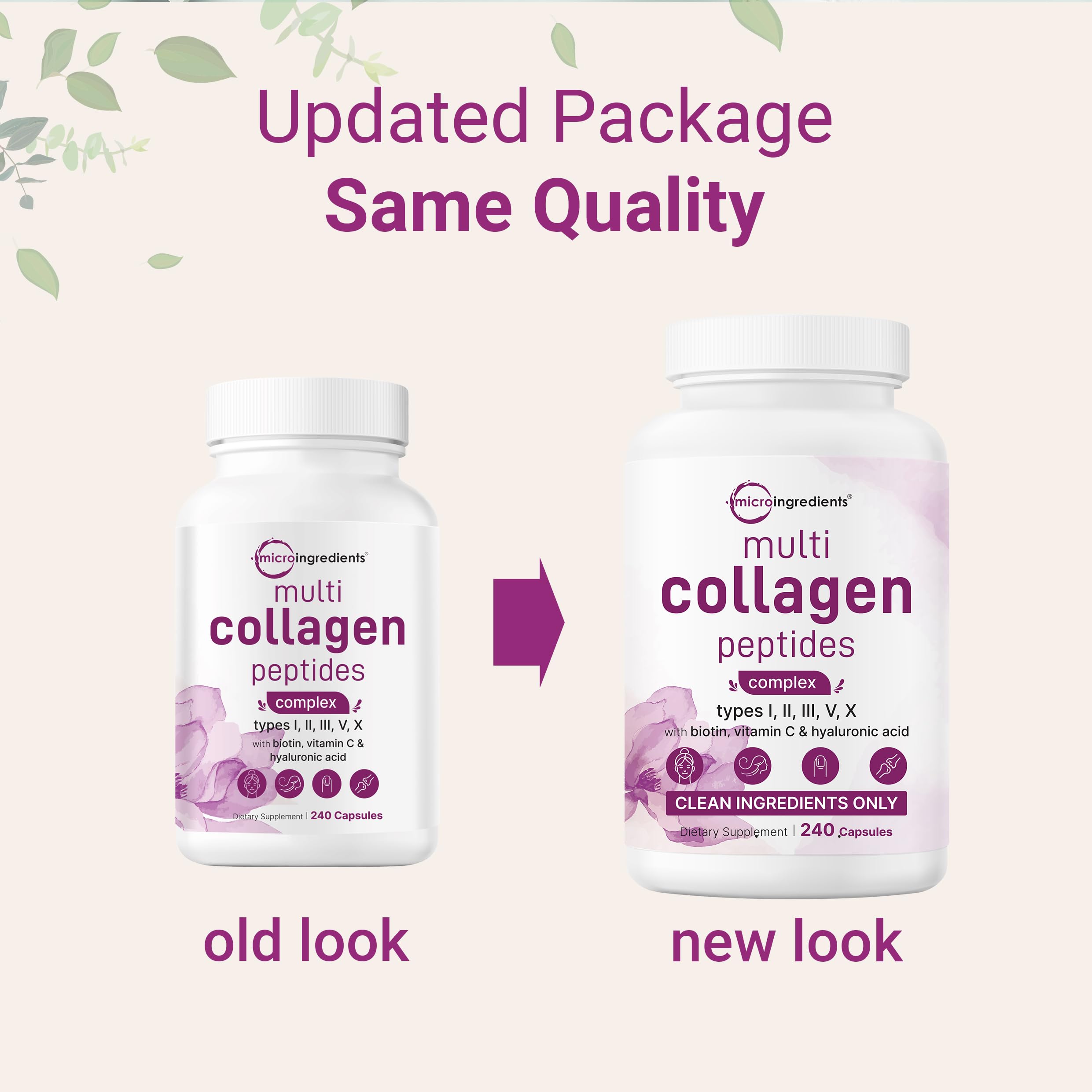 Micro Ingredients 2 Pack Multi Collagen Pills for Women & Men, 480 Capsules | Type I, II, III, V, X | Hydrolyzed Protein Peptides with Biotin, Hyaluronic Acid, & Vitamin C | Keto & Paleo Friendly — Amazon image 3
