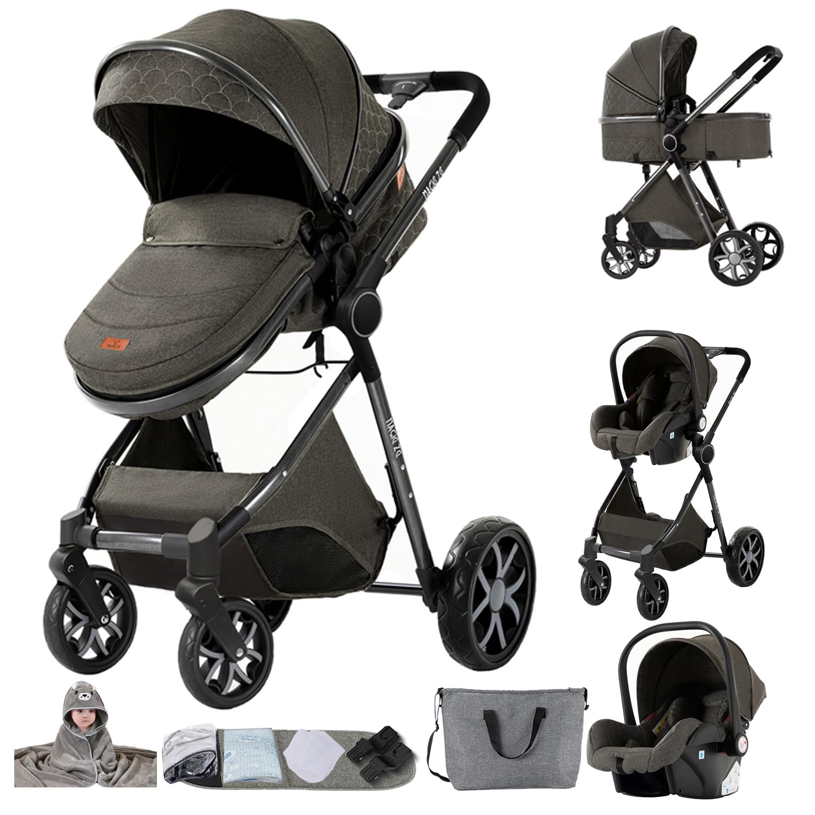 MoLi Poussette 3 en 1, Pousette Bebe avec Mode Double Poussée Réversible, Pousette Citadine Nacelle Grande, Poussette Combinée Cadre en Alliage d'aluminium Pliable Haut Paysage (YV9 Deep Grey)