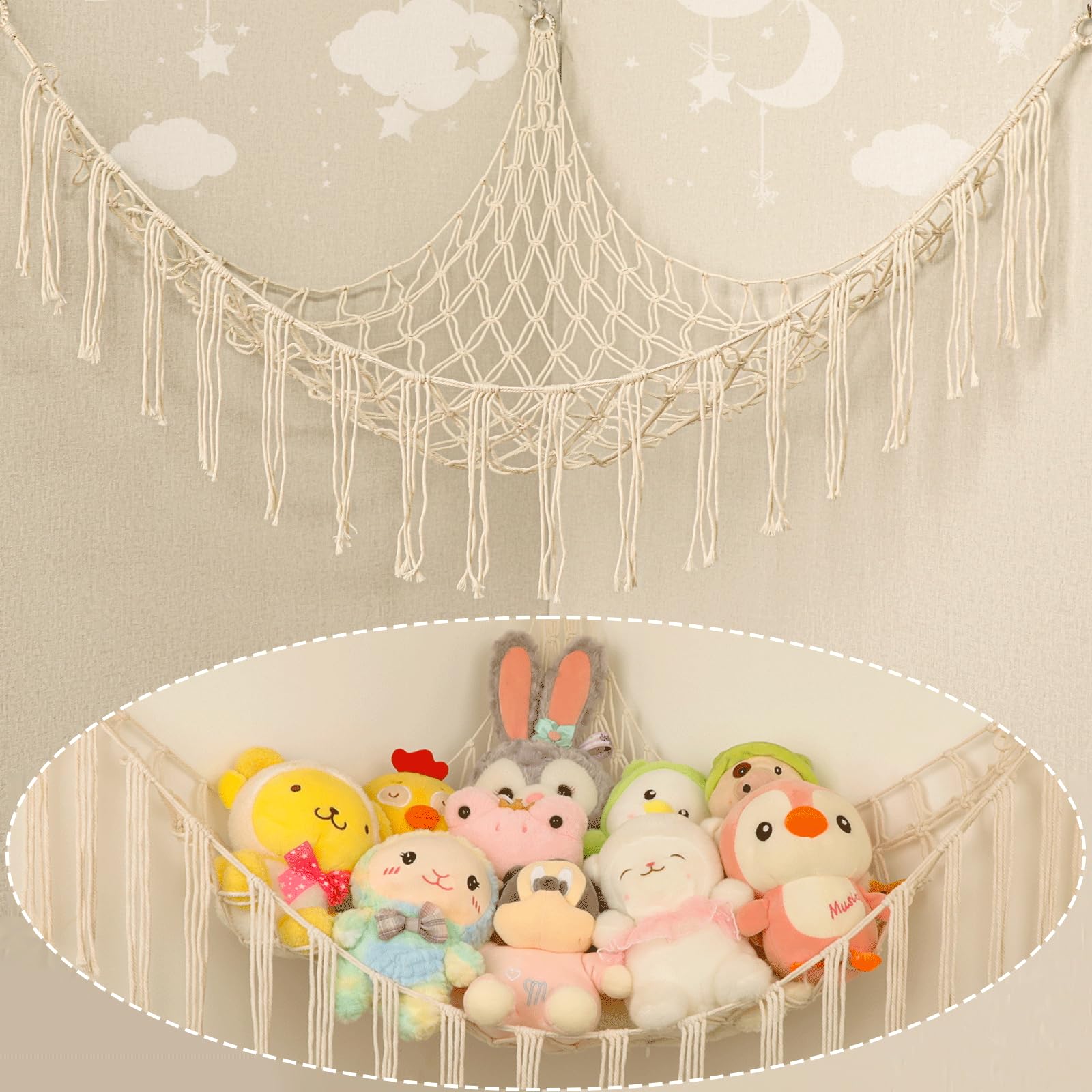 Yelienm Boys White Stuffed Animal Hammock Corner, Hand-Knitted Large Plushie Net Toy Hammock With Wooden Rings | Boho Cute Stuff Animal Storage For Nursery & Bedroom |Toy Organizer Holder Nursery Room Decor (White)