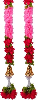 Meezo Flower Garland – 5 Feet Flowers with Green Leaf Accents, Diwali Decorations, Indian Wedding, Día de Los Muertos, Christmas, Festival & Party Decor, Reusable Flower (Pink & Red, 2-PCS)