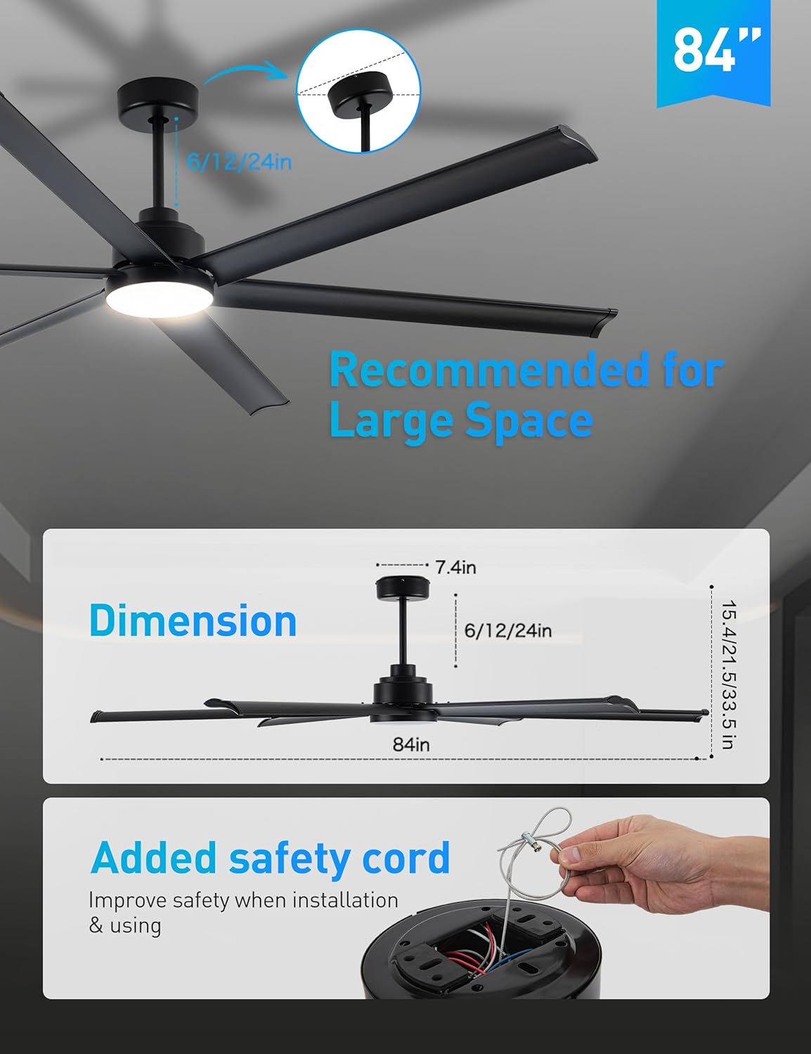 Diagram showing fan dimensions, downrod options, and safety cord installation.