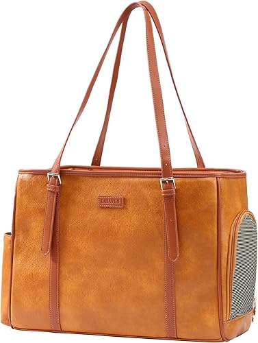 Bolsa de cuero para perros pequeños, gatos, cachorros, bolsa de mano portátil aprobada por aerolíneas (marrón)