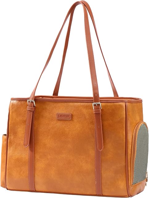 Lasaviin Fashion Dog Purse Pet Carrier Sac en cuir pour petits chiens Cats Puppy, Portable Tote Bag Airline Approuvés Soft-Sided Carriers (Brown)