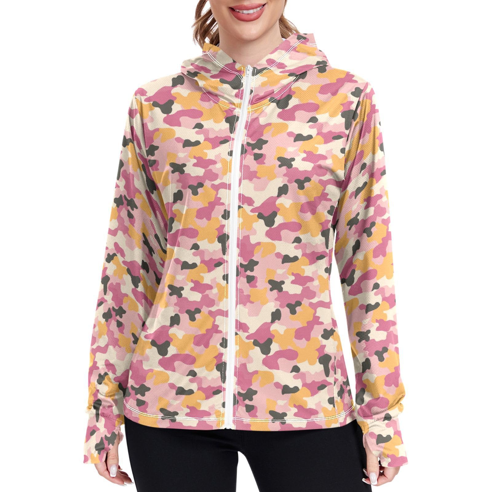 Women Sun Protection Lightweight Hoodie Jacket Mari Gold Zip Up Jackets for Women UPF 50 Clothing for Hiking Golf Running L Camouflage