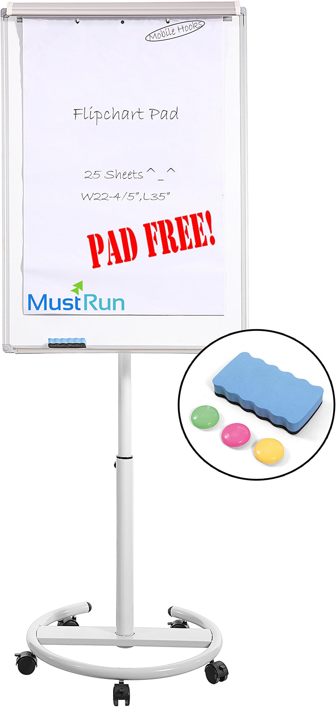 MustRun 28"x40"Magnetic Mobile Whiteboard,Dry erase board,Flipchart Easel with Pad,Max Height 76"(Flipchart Pad,1 Eraser&3 Magnets)