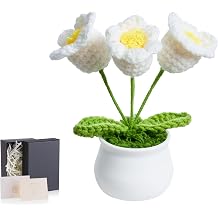 LAIDANLA Blue Crochet Puff Flower Mini Potted Plant Decor | Handmade Knitted Small Flower Pot, Cute Office Desk Accessories, Graduation Birthday Gift for Women