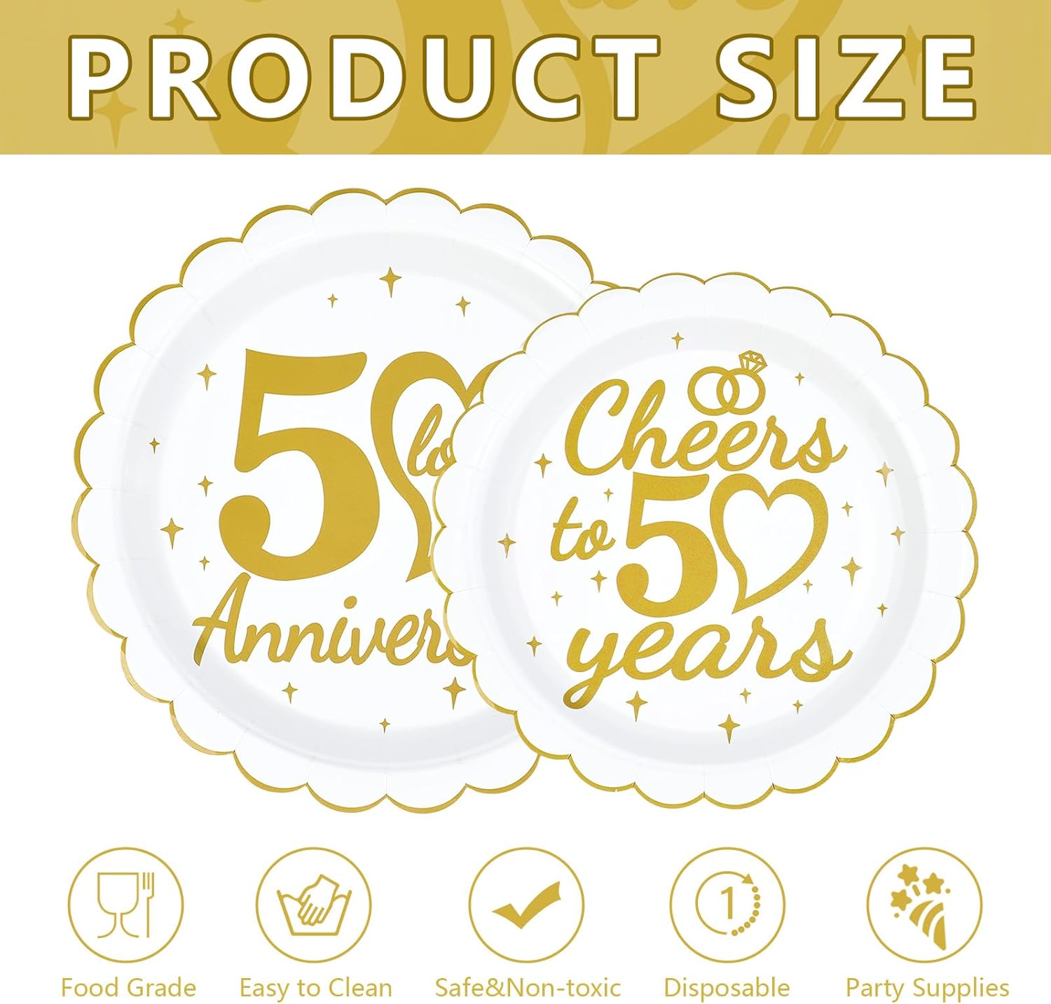 100Pcs 50th Anniversary Decorations 9" 7" White Gold 50th Wedding Anniversary Heavy Duty Paper Plates Cheer to 50 Years Platters for Parents Couple 50 Years Wedding Commemoration Decorations