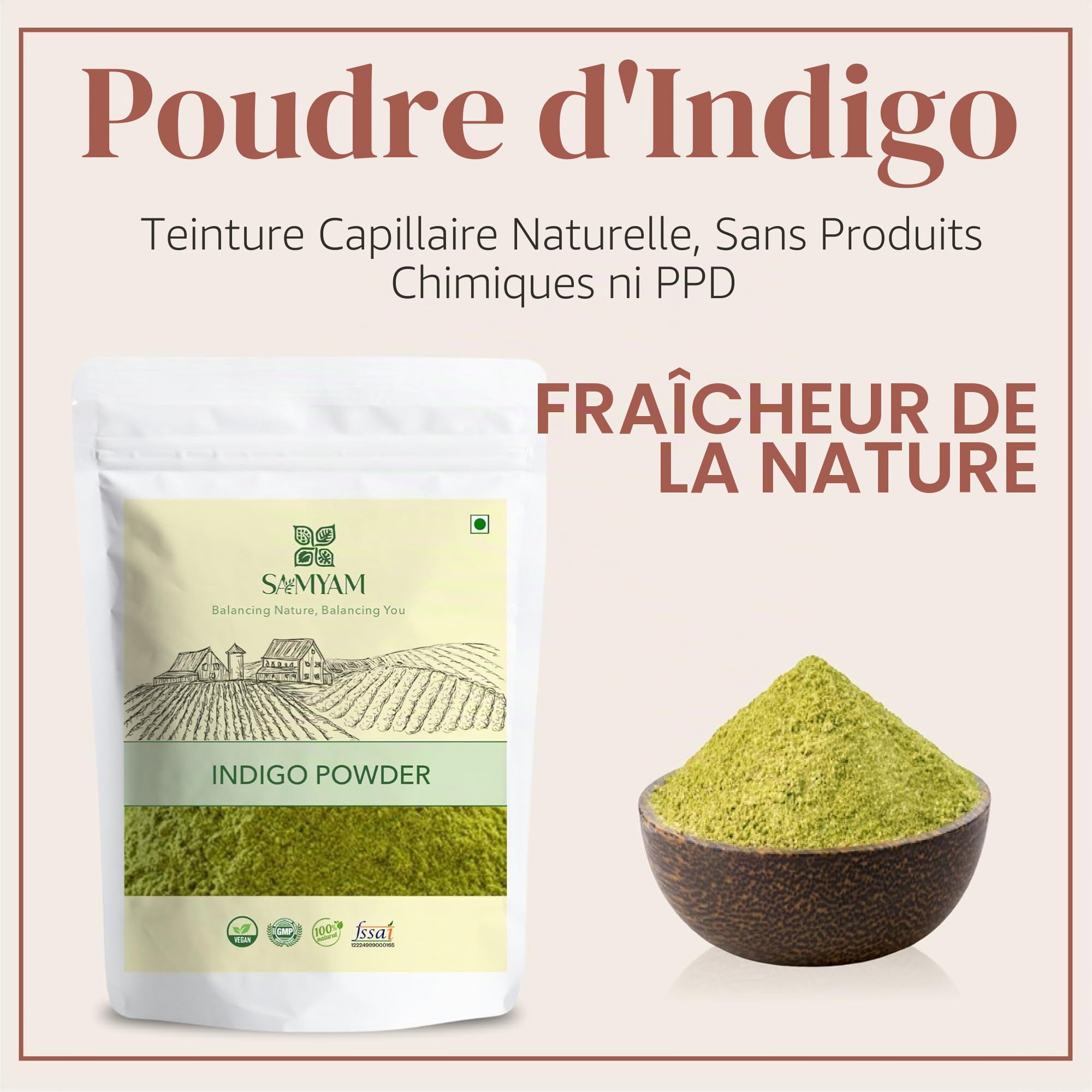 SAMYAM Poudre d'indigo naturelle - Paquet de 500 g | Teinture capillaire naturelle, sans produits chimiques ni PPD