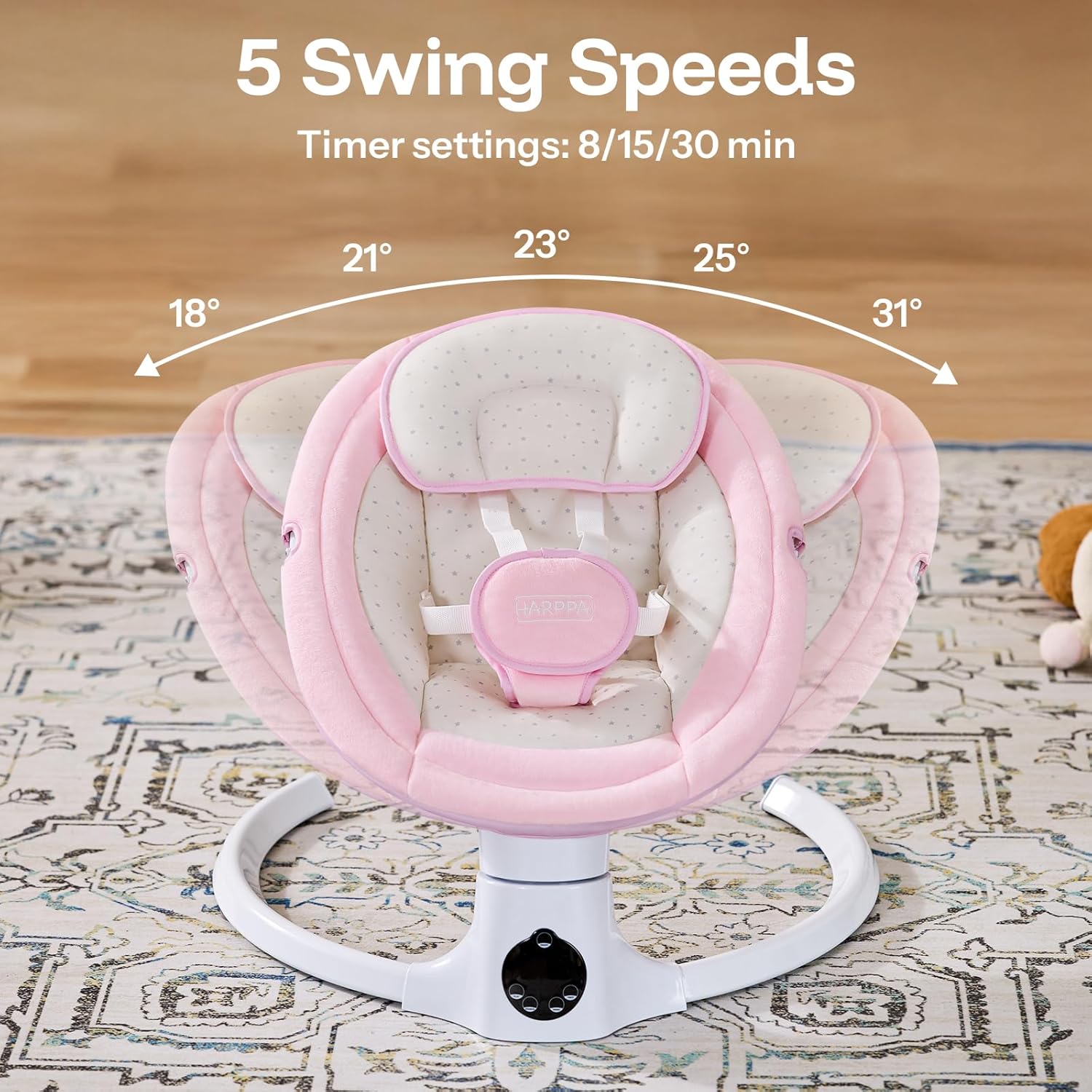 HARPPA Weddell Lite Electric Baby Swing for Infants with Music Speaker, 5 Adjustable Speeds, 5-Point Safety Harness, Timer Function, Compact Design for Indoor & Outdoor Use, Pink