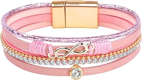 Multilayer Leather Wrap Bracelets,Women Heart Modern Boho Bracelet,Magnetic Clasp Cuff Rhinestone Leather Bracelets Jewelry For GirlsWomen