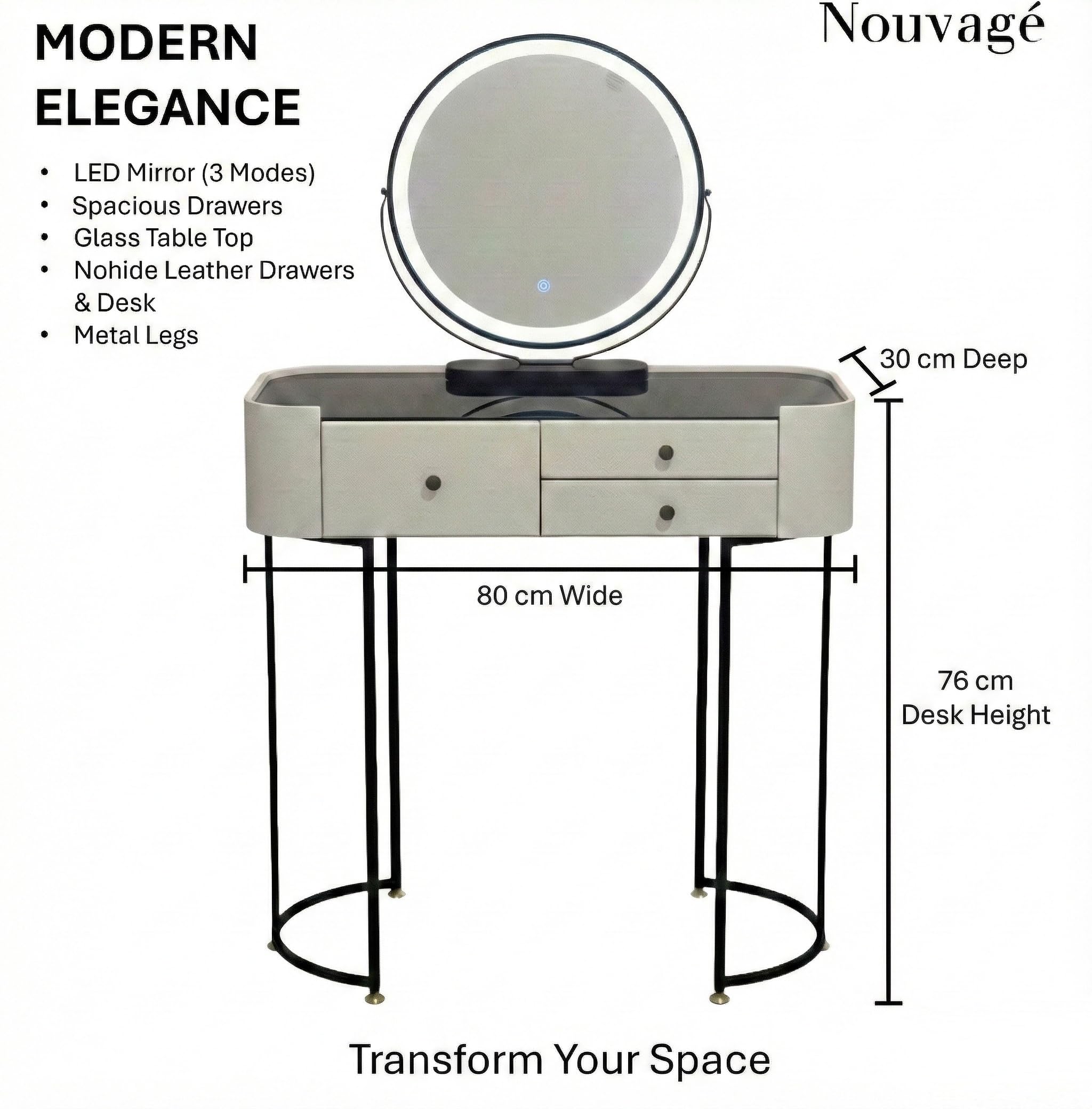 Nouvage Design Premium Dressing Table with Adjustable LED Mirror in White Black 80cm Dressing Table with Mirror Bedroom Dressing Tables including 2 drawers - Image 4