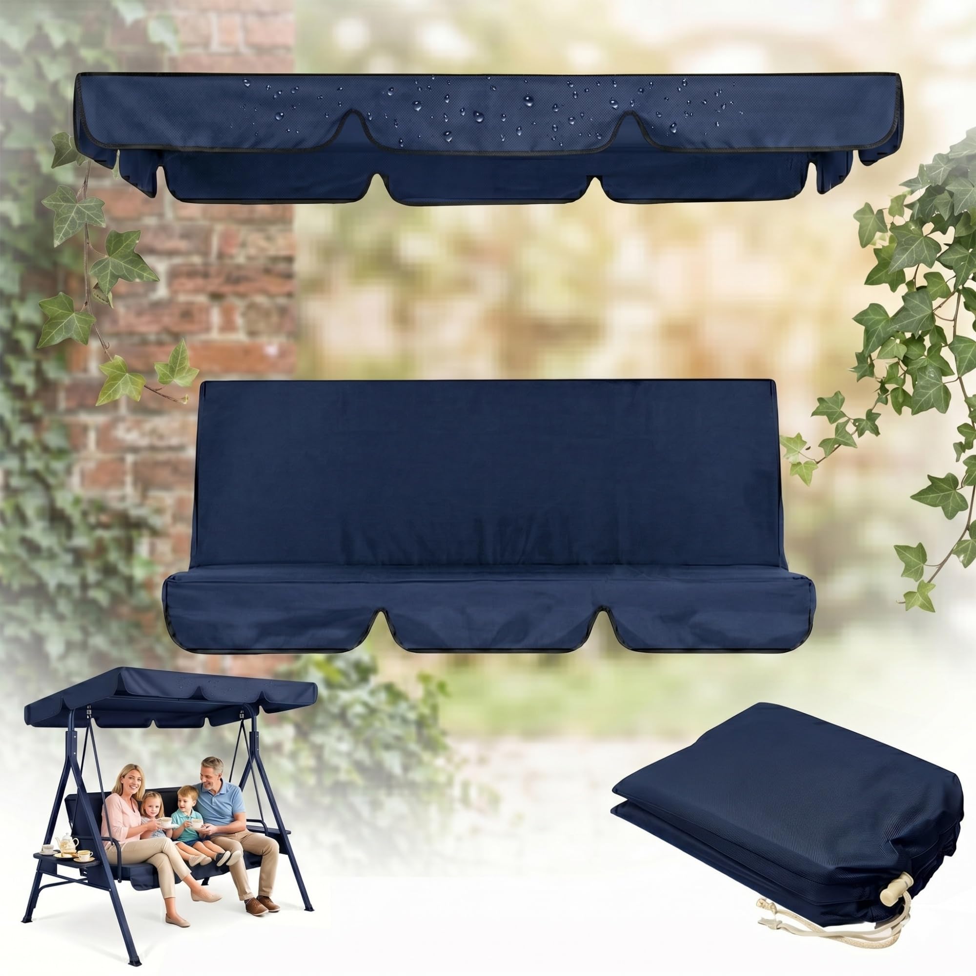 210d Garden Swing Canopy And Seat Cover Set, Heavy Duty Waterproof & Uv Resistant Replacement For 3-Seater Swing, 2-In-1 Outdoor Furniture Protector(Blue,164*114*15cm+130*45*8cm)