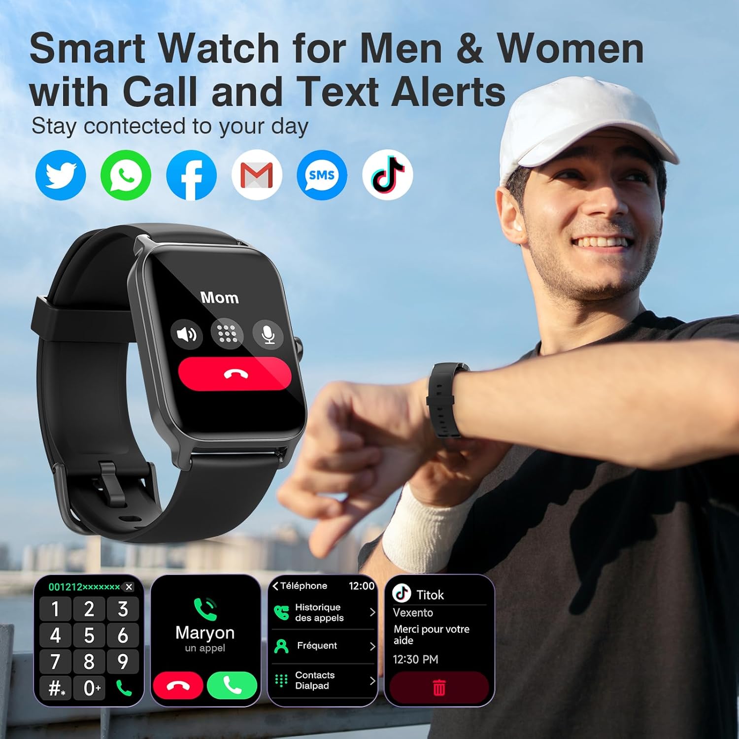 Smart Watches for Women Men, 1.85” HD Touchscreen Fitness Tracker with Call & Message Alerts, 24/7 Heart Rate/Sleep Monitor,100+ Sport Modes, 2ATM Waterproof Smart Watch for Android iPhone (Black)