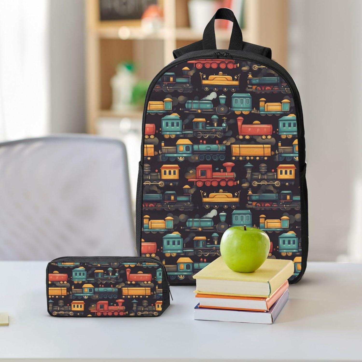 Train School Backpack Kids Girls Boys Teens 3PCS Bookbag with Lunch Box Pencil case Set Lightweight Bag